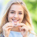 Invisalign Orthodontics Concept Young Attractive Woman Holding Using Invisible Braces Or Trainer.